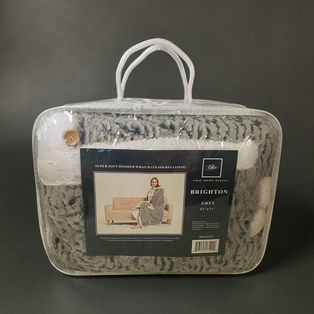 Chic Home Brighton Hooded Sherpa Wrap Blanket Grey 51x71 Soft Plush NIP